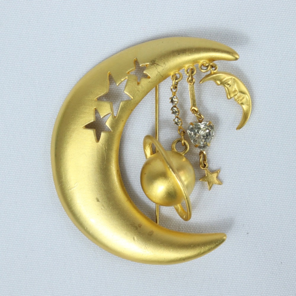 Celestial‎ Gold Tone Crescent Moon Brooch Whimsical Pin Saturn Star Heart Dangle